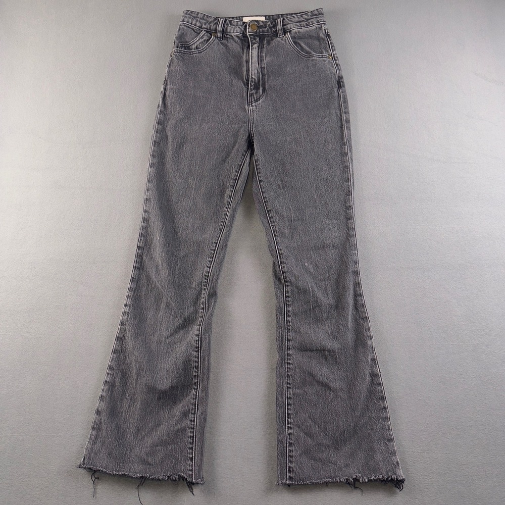 Rollas Dusters Bootcut High Rise Slim Jeans Faded Black Raw Hem Size 28